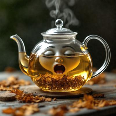 The primary subject of the image is a teapot with a face drawn on it, making it appear as if it is yawning. The teapot is placed on a wooden table, which serves as the setting. The visual style of the image is a combination of photo and digital art, creating a unique and creative representation of the teapot. The colors and mood of the image are predominantly warm and inviting, with the wooden table and teapot adding a sense of comfort and relaxation.